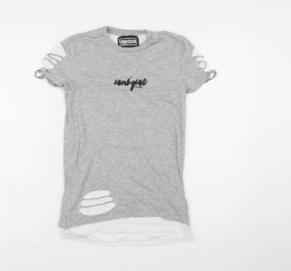Unique Be You Womens Grey Distressed Short Sleeve T-Shirt 2XS