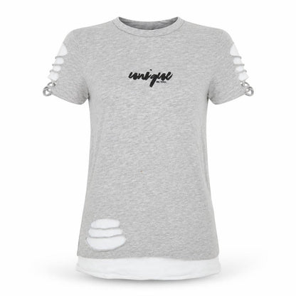 Unique Be You Womens Grey Distressed Short Sleeve T-Shirt 2XS