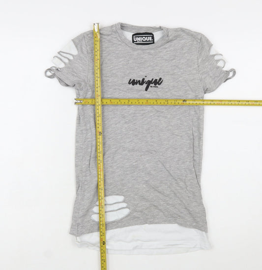 Unique Be You Womens Grey Distressed Short Sleeve T-Shirt 2XS