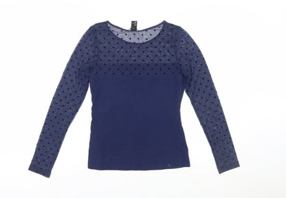H&M Women's Blue Mesh Polka Dot Long Sleeve Jersey Top Size S