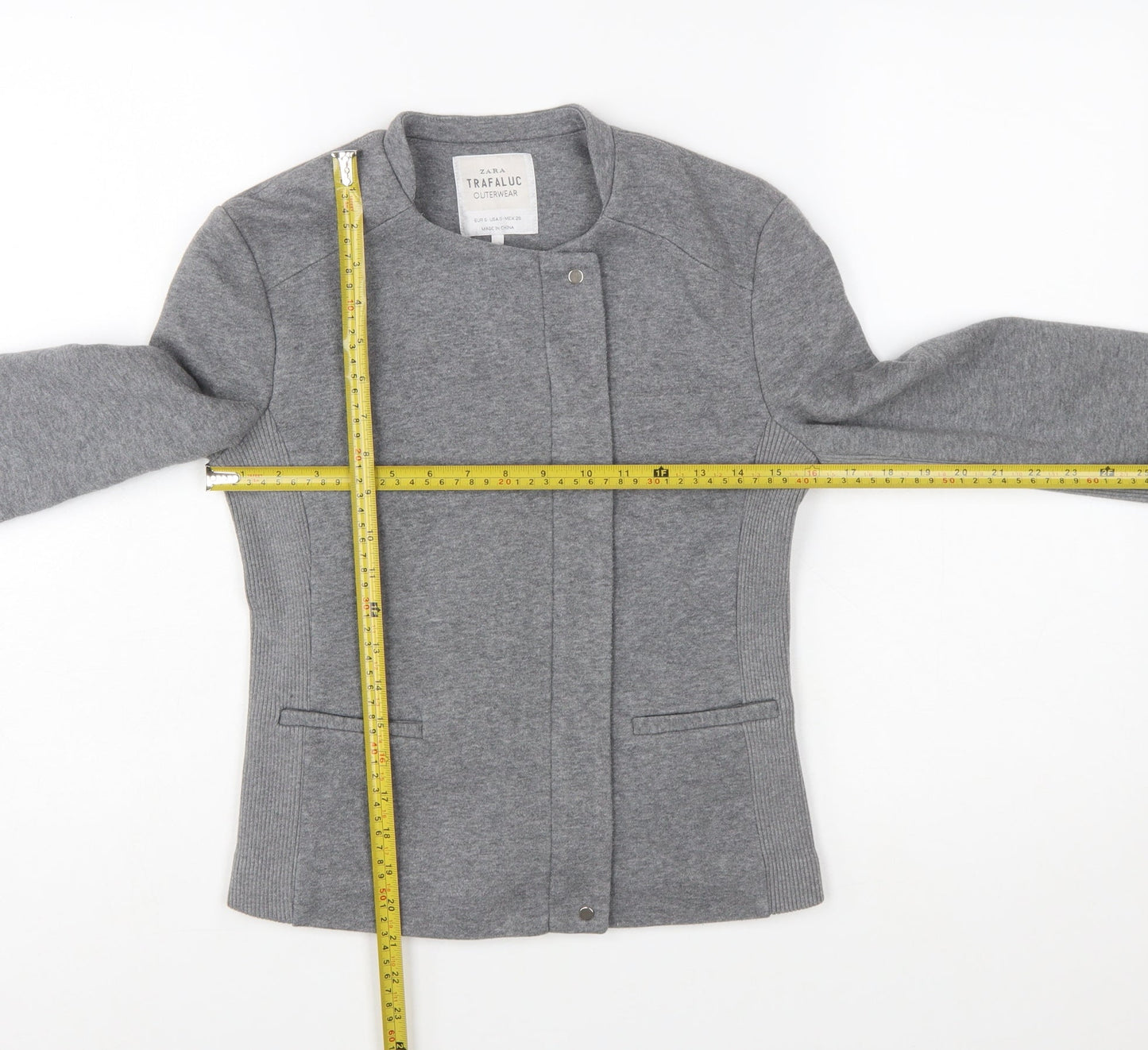 Zara Women Grey Slim Fit Collarless Lined Jacket Size S