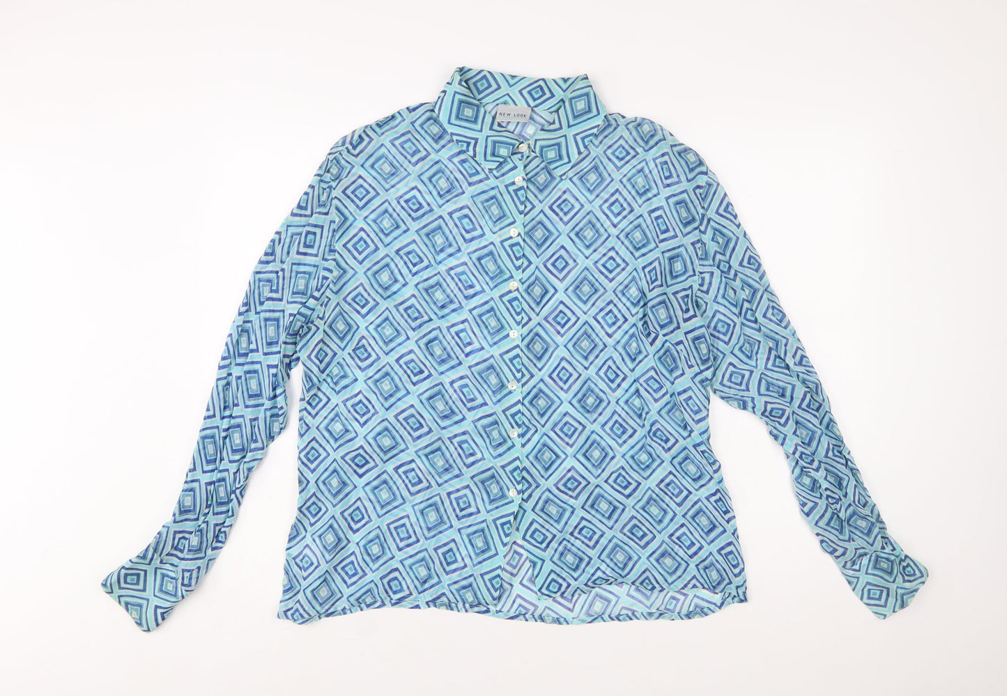 New Look Women Blue Geometric Long Sleeve Button-Up Shirt Size 16