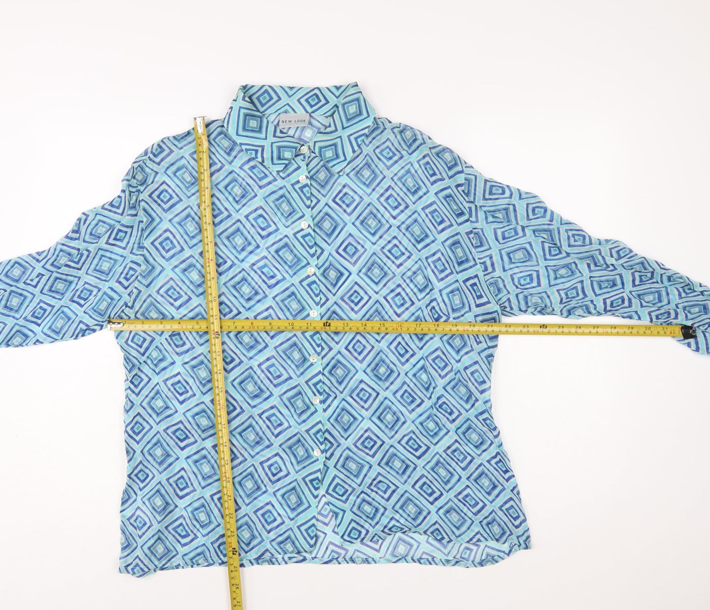 New Look Women Blue Geometric Long Sleeve Button-Up Shirt Size 16