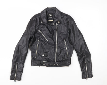 Zara Women Black XS Biker Faux Leather Belted Jacket