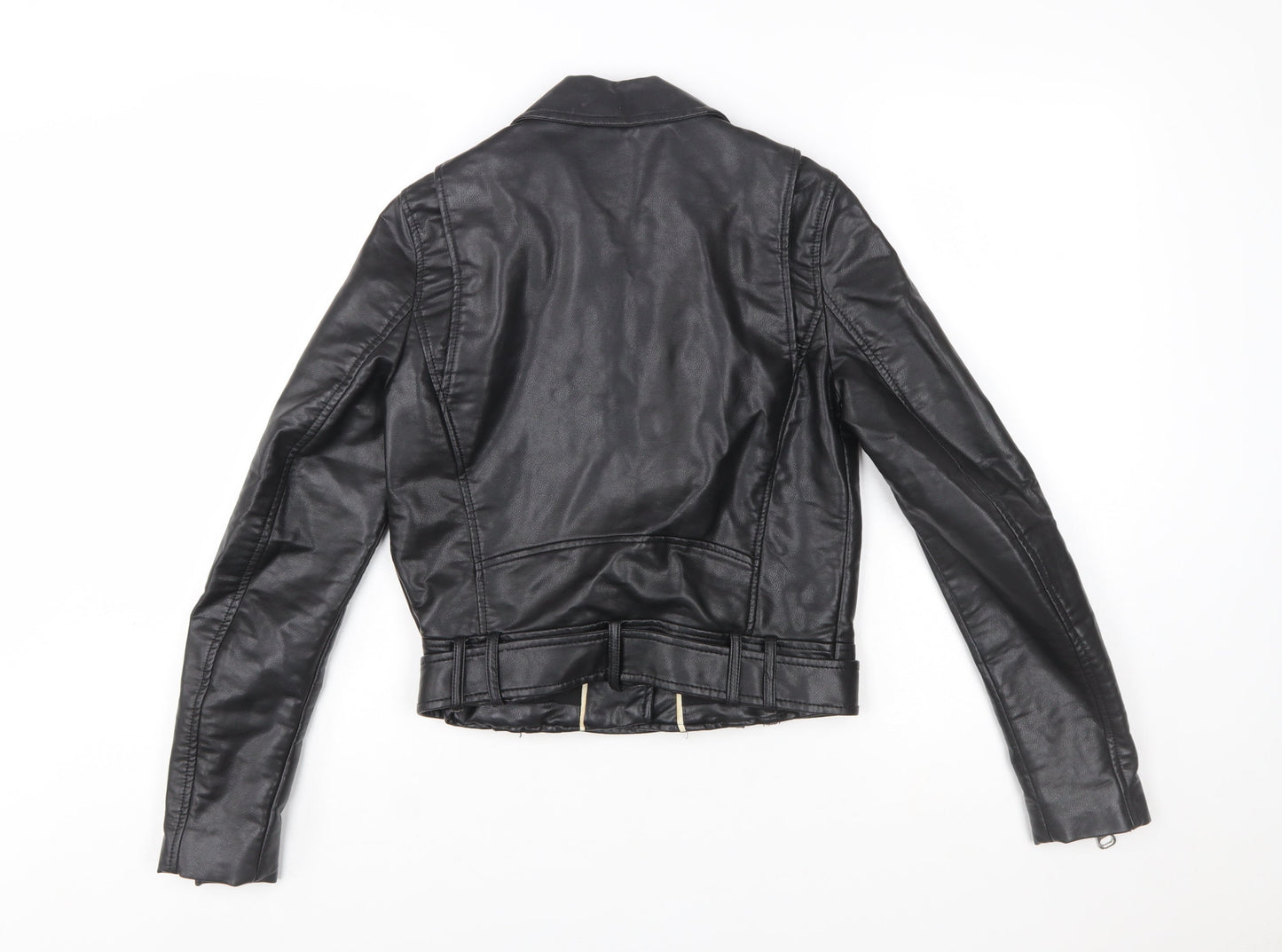 Zara Women Black XS Biker Faux Leather Belted Jacket