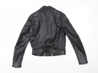 Zara Women Black XS Biker Faux Leather Belted Jacket