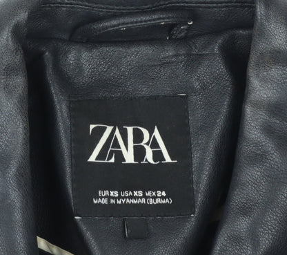 Zara Women Black XS Biker Faux Leather Belted Jacket