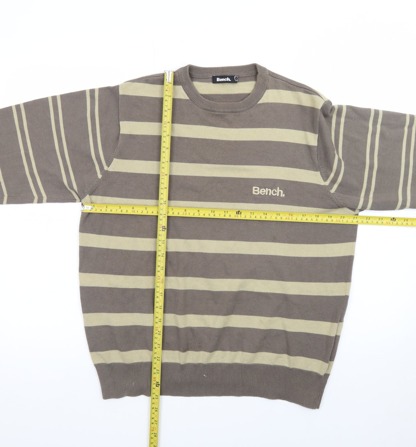 Bench Men Brown Striped Cotton Crew Neck Jumper Size L