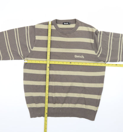 Bench Men Brown Striped Cotton Crew Neck Jumper Size L