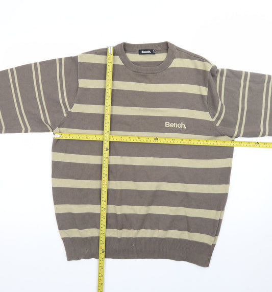 Bench Men Brown Striped Cotton Crew Neck Jumper Size L