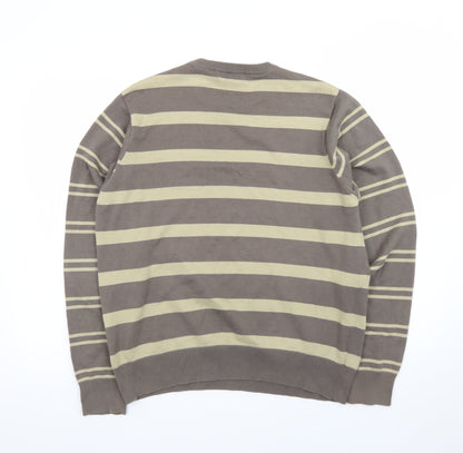 Bench Men Brown Striped Cotton Crew Neck Jumper Size L