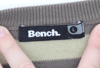 Bench Men Brown Striped Cotton Crew Neck Jumper Size L