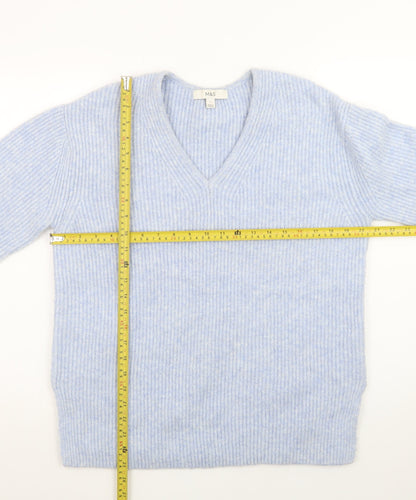 Marks and Spencer Women's Blue V-Neck Ribbed Knit Jumper Size S