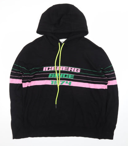 Iceberg Women’s Black Hoodie L Pullover Striped Graphic Logo Cotton Blend