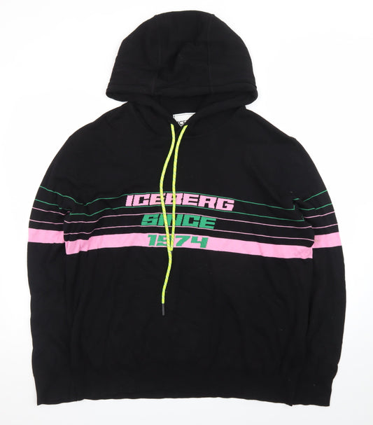 Iceberg Women’s Black Hoodie L Pullover Striped Graphic Logo Cotton Blend