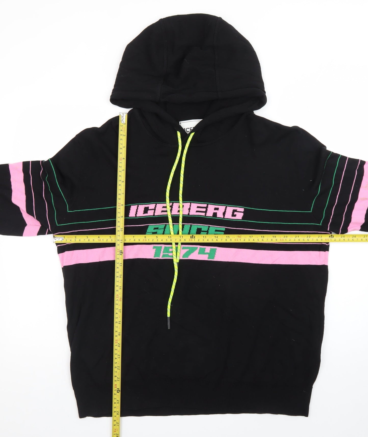 Iceberg Women’s Black Hoodie L Pullover Striped Graphic Logo Cotton Blend
