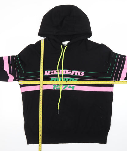 Iceberg Women’s Black Hoodie L Pullover Striped Graphic Logo Cotton Blend