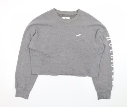 Hollister Women Grey Cropped Pullover Sweatshirt L Logo Crew Neck