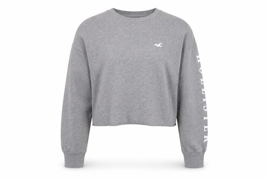 Hollister Women Grey Cropped Pullover Sweatshirt L Logo Crew Neck
