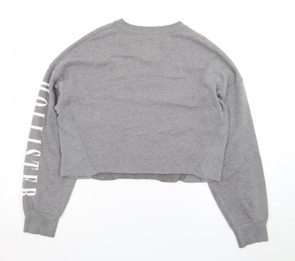 Hollister Women Grey Cropped Pullover Sweatshirt L Logo Crew Neck
