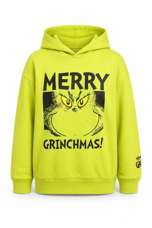 Front view of The Grinch boys’ green hoodie 10-11 years pullover christmas graphic print