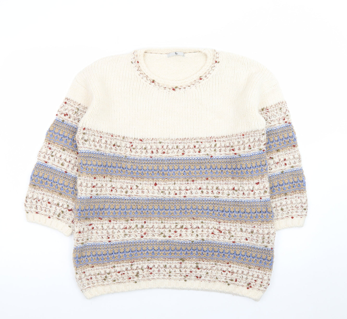 Tu Women Cream Multicoloured Knit Jumper Size 14 Crew Neck