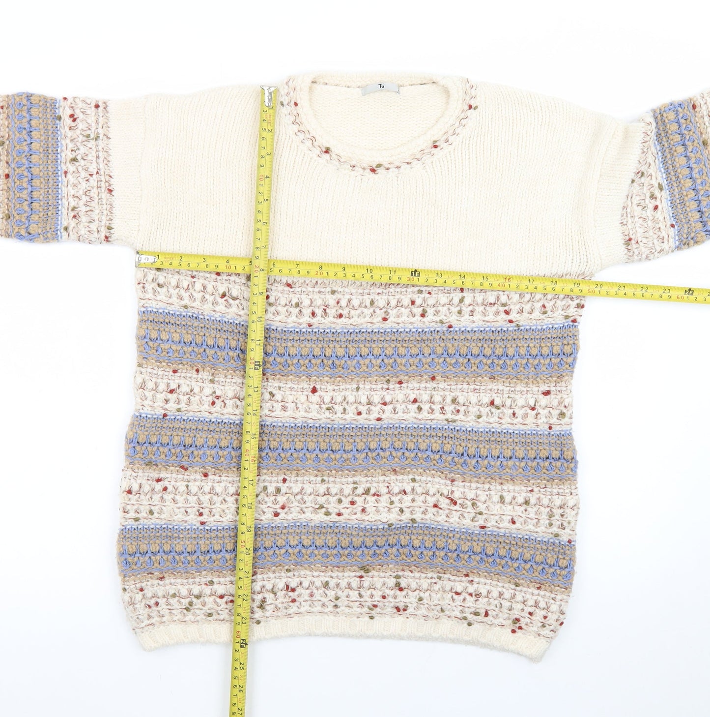 Tu Women Cream Multicoloured Knit Jumper Size 14 Crew Neck