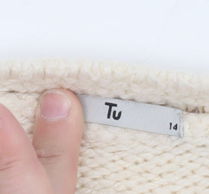 Tu Women Cream Multicoloured Knit Jumper Size 14 Crew Neck