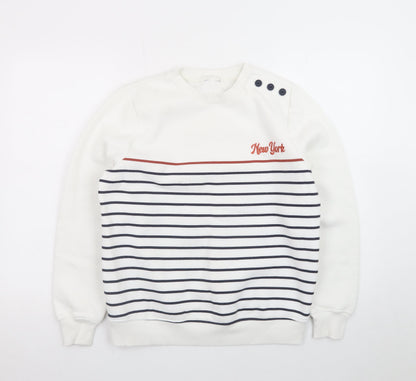 M&Co Women White Striped Crew Neck Button Sweatshirt Size 10 UK