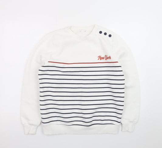 M&Co Women White Striped Crew Neck Button Sweatshirt Size 10 UK