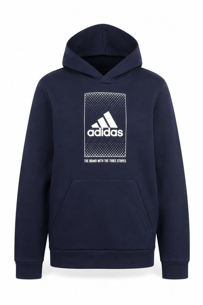 Front view of Adidas Teens Blue Pullover Hoodie 164 Logo Fleece Sweatshirt