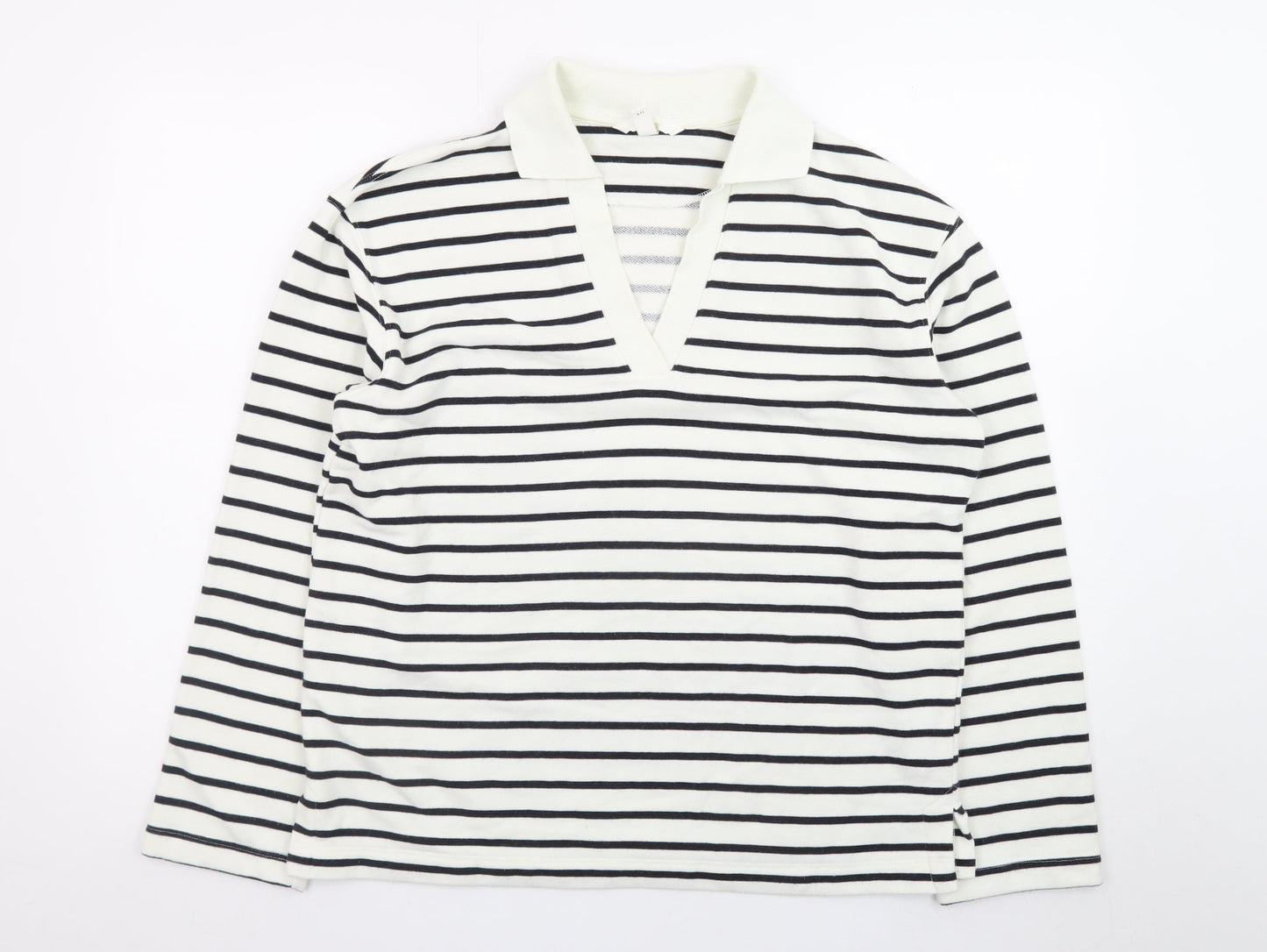 H&M Women's White Striped V-Neck Long Sleeve Cotton T-Shirt Size S