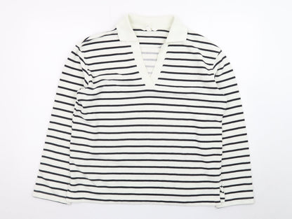 H&M Women's White Striped V-Neck Long Sleeve Cotton T-Shirt Size S