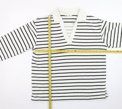 H&M Women's White Striped V-Neck Long Sleeve Cotton T-Shirt Size S