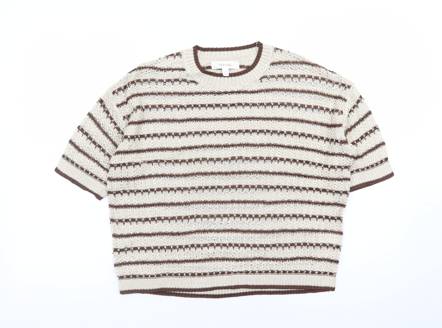 Marks and Spencer Per Una Women’s Beige Striped Knit Short Sleeve Jumper M