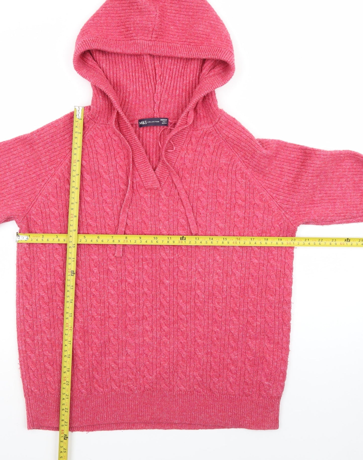 Marks and Spencer Women's Pink Hooded Cable-Knit Jumper M