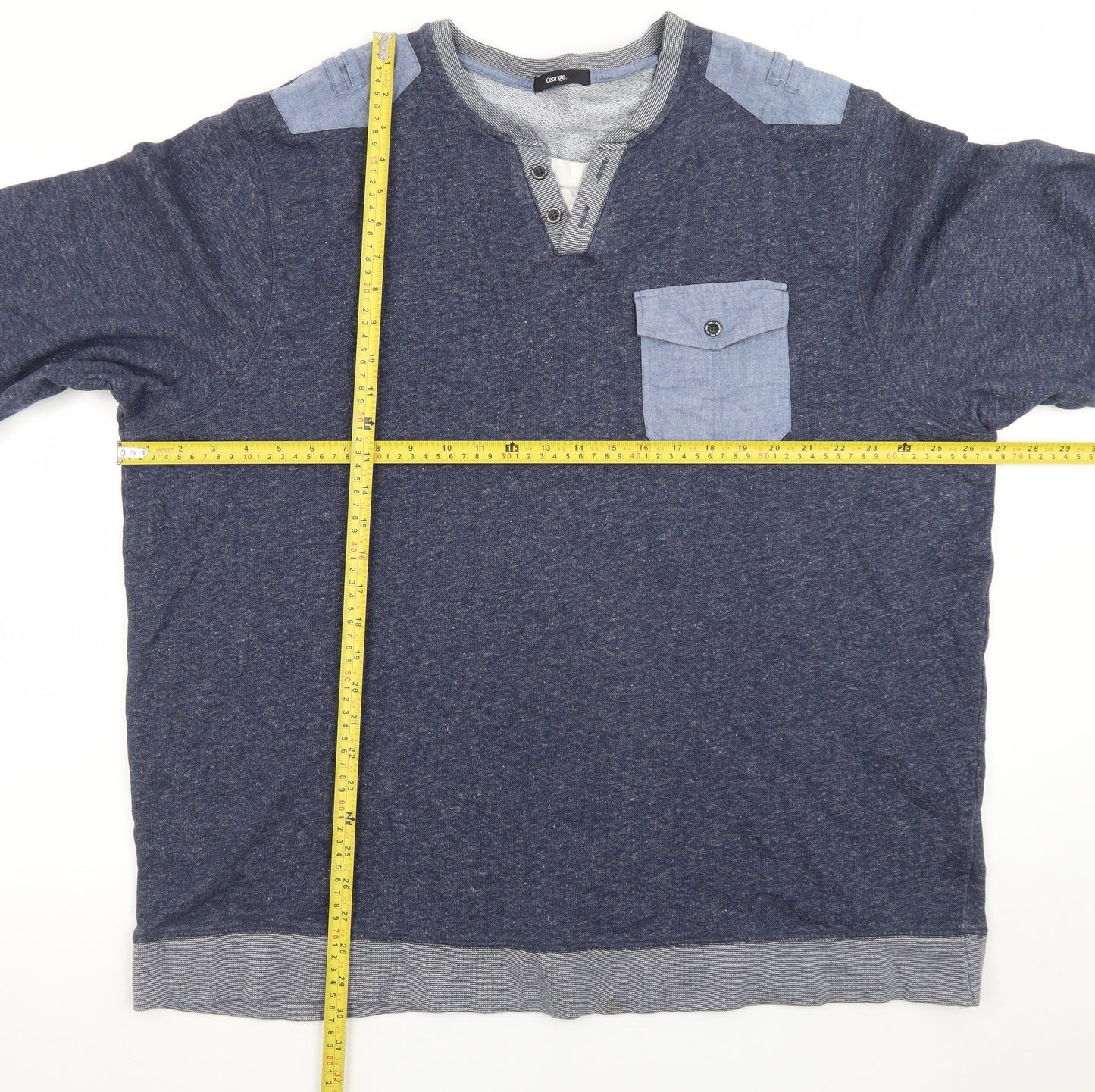 George Men's Blue 3XL Long Sleeve Henley Cotton T-Shirt