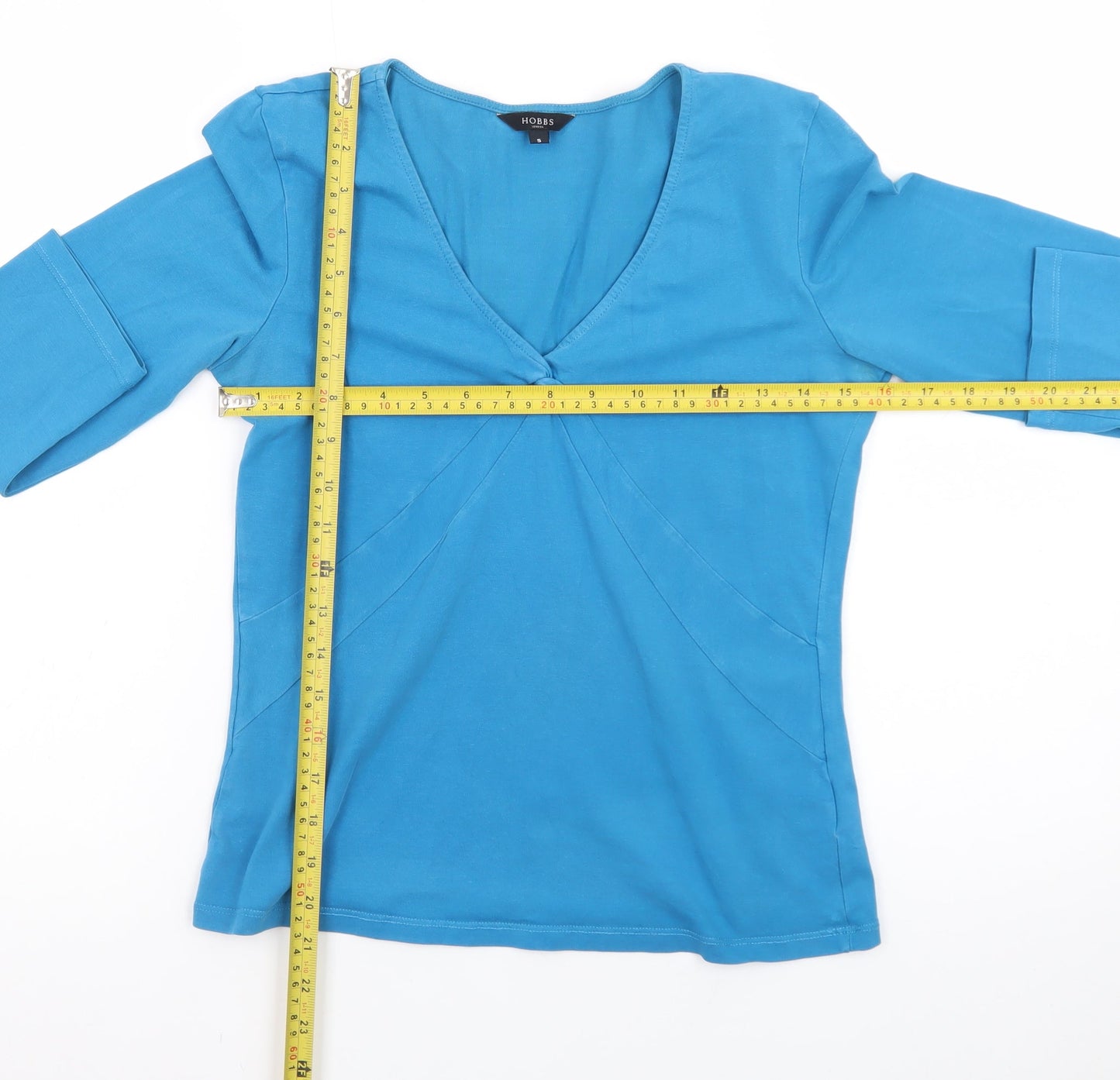 Hobbs Women Blue V-Neck 3/4 Sleeve Cotton Stretch Blouse Size S