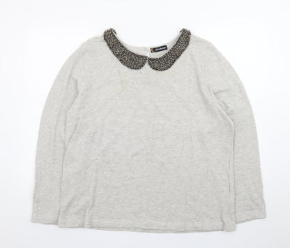 Kaleidoscope Women Grey Beaded Collar Cotton Knit Jumper UK 18