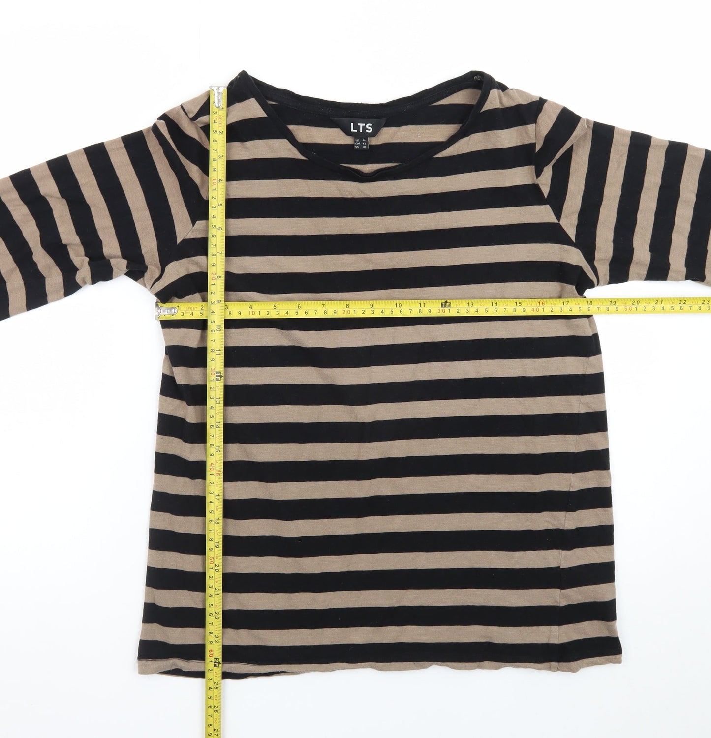 Long Tall Sally Women’s Beige Black Striped Cotton Long Sleeve T-Shirt Size 14 Tall