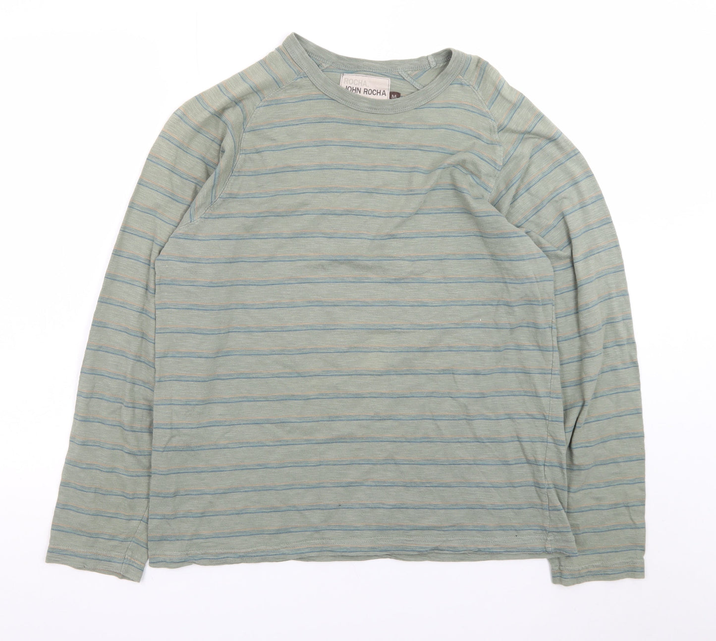 John Rocha Men's Green Striped Long Sleeve Cotton T-Shirt M
