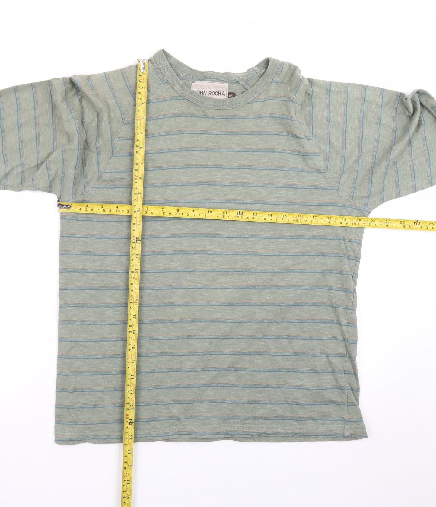 John Rocha Men's Green Striped Long Sleeve Cotton T-Shirt M