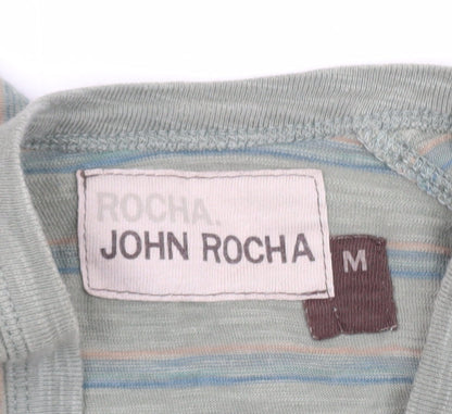 John Rocha Men's Green Striped Long Sleeve Cotton T-Shirt M