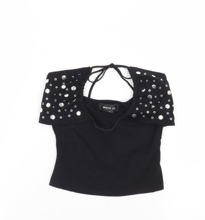 White Fox Women's Black Studded Halter Cropped Top Size S