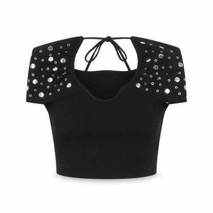 White Fox Women's Black Studded Halter Cropped Top Size S