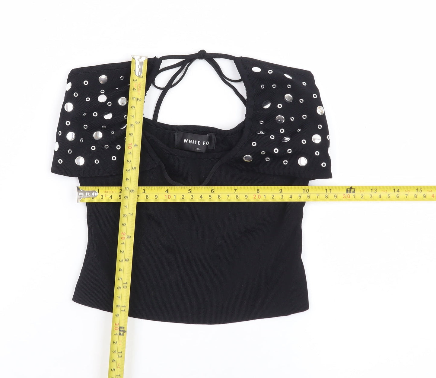 White Fox Women's Black Studded Halter Cropped Top Size S