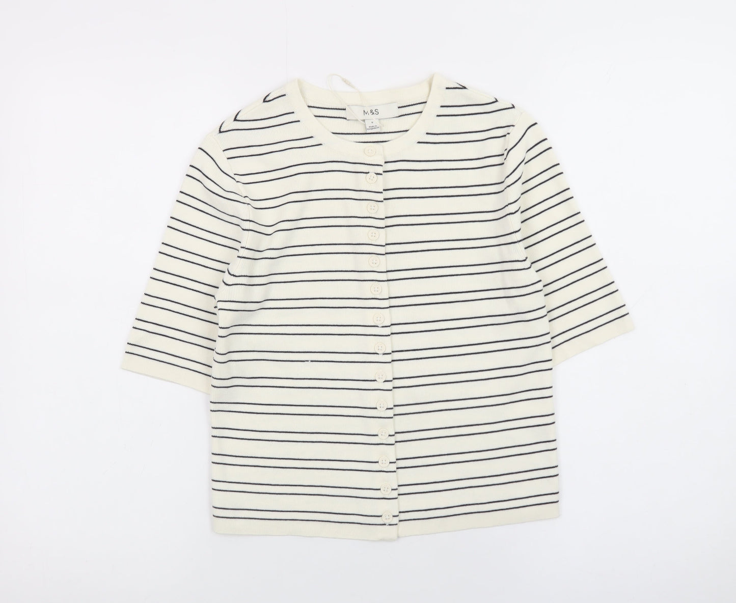 Marks and Spencer Women Ivory Striped 3/4 Sleeve Button-Up Knit Top Size S