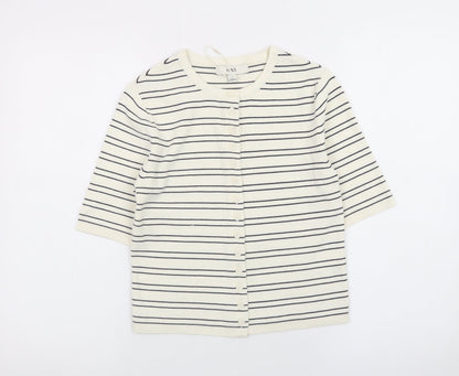 Marks and Spencer Women Ivory Striped 3/4 Sleeve Button-Up Knit Top Size S