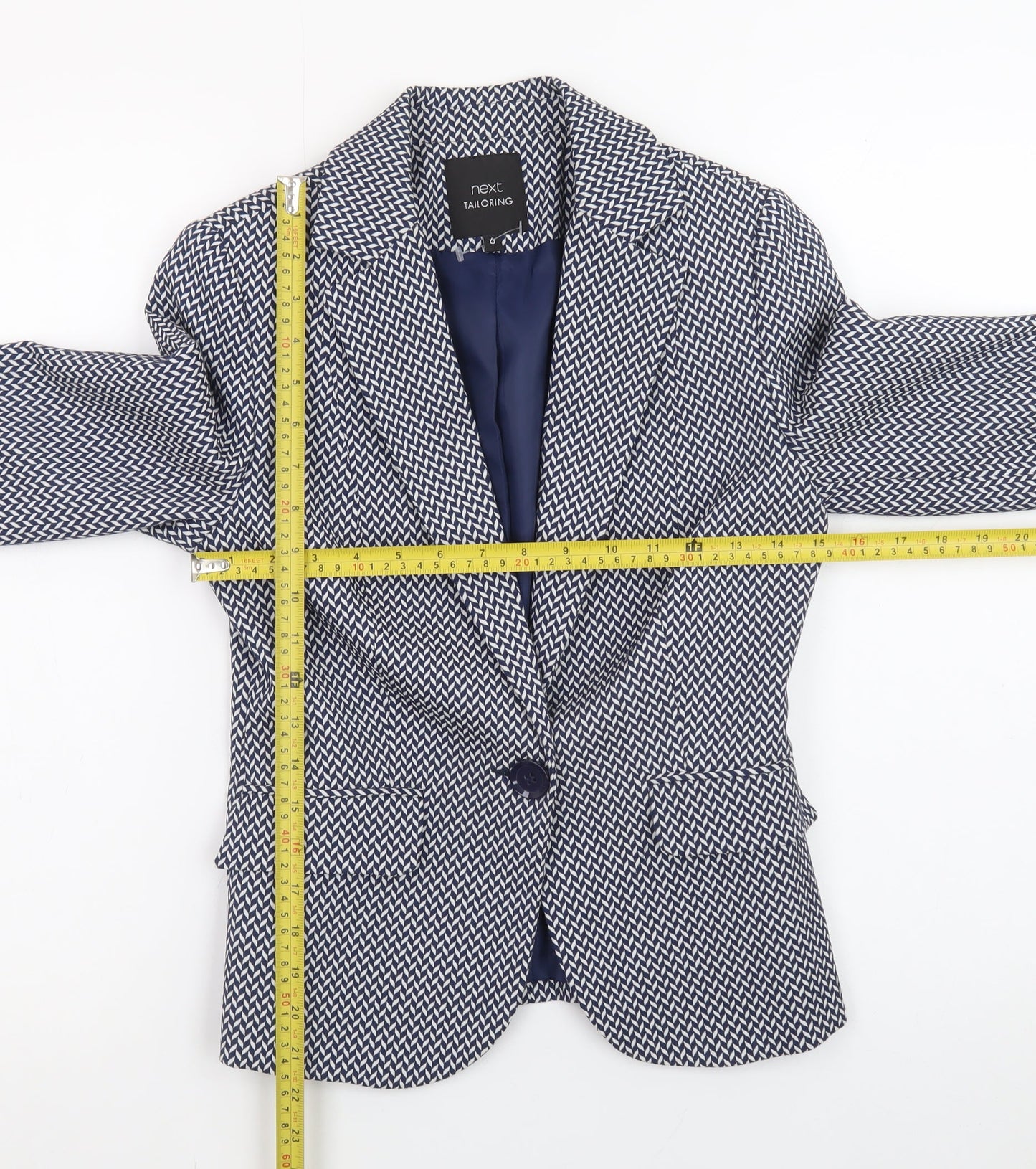 Next Women’s Blue Geometric Blazer Size 6 Tailored Single-Breasted Jacket