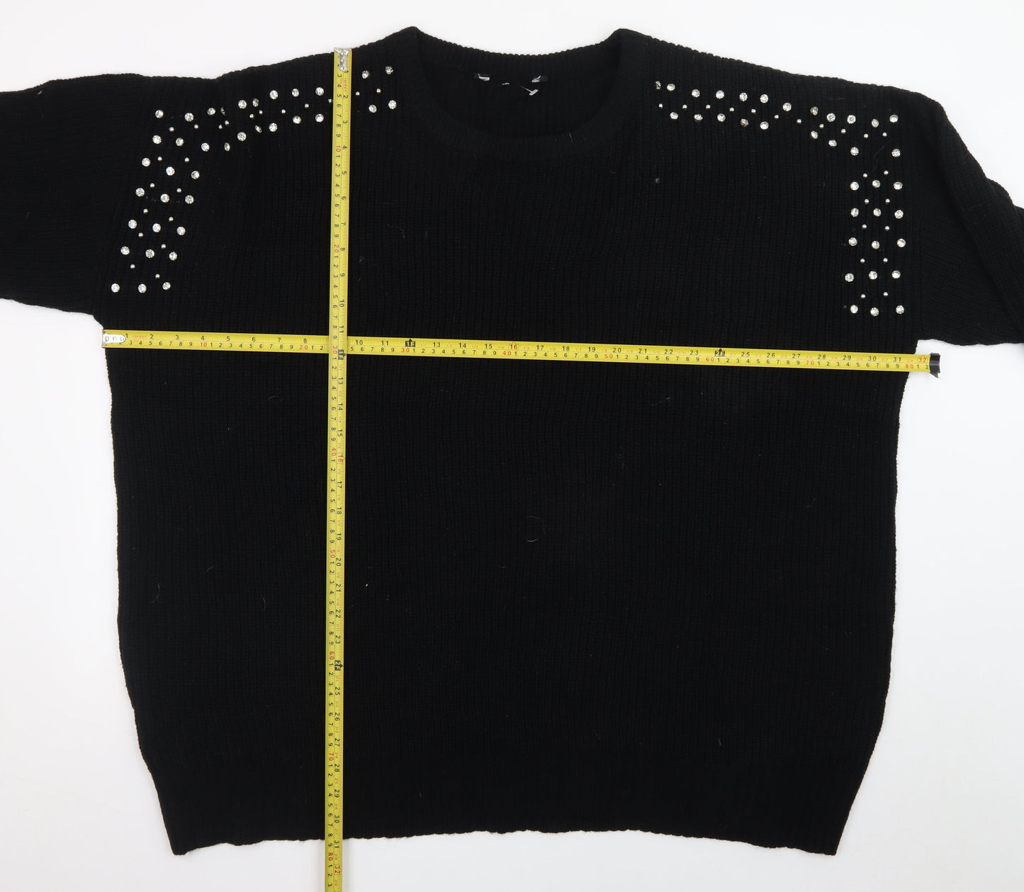 Yours Women's Black Rhinestone Crew Neck Plus Size 26 Pullover Jumper